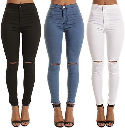 Andongnywell מותניים של גובה נשים נקרע סקיני ג'ינס רזה כושר דק מכנסי ג'ינס במצוקה עם מכנסי כיסים