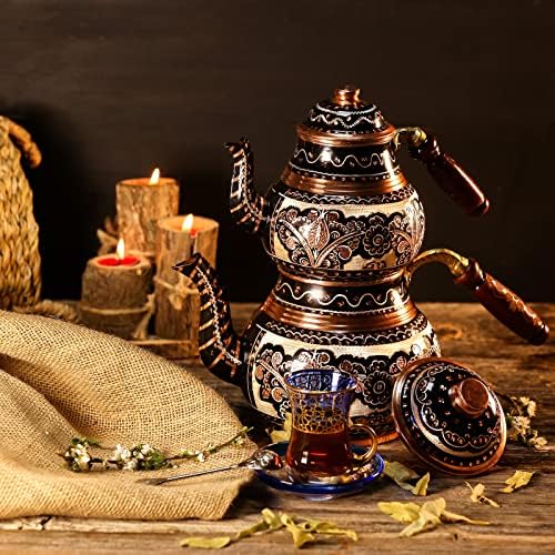 סט סיר תה נחושת של 2 עם עיצוב חרוט - קומקום טורקי - סירי תה לכיריים - קומקומי תה עם חבילת מתנה של תה