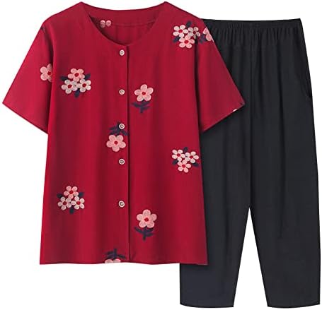 סטים קיץ נשים 2 תלבושות 2 חלקים בתוספת גודל קשישים רופפים חולצות שרוול קצרים ומכנסיים מכנסיים מערכות