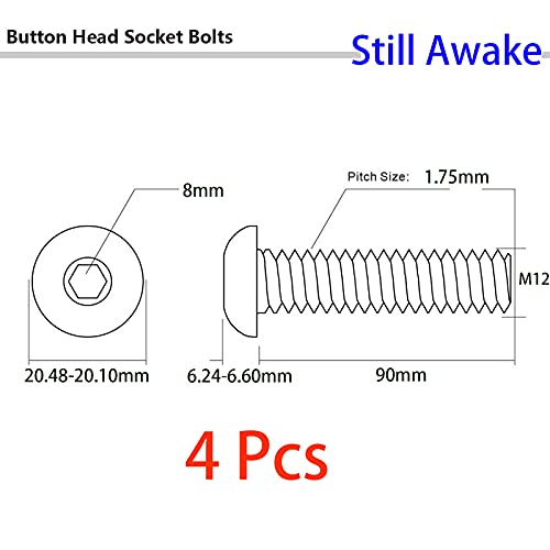 4 יח 'M12-1.75 x 90 ממ כפתור ברגים כובע שקע, פלדה סגסוגת כיתה 10.9, כונן שקע אלן, גימור תחמוצת שחור,