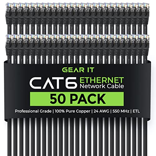 GEARIT 50 חבילה, חתול 6 כבל אתרנט CAT6 טלאי נטול נטול 3 רגל - RJ45 ללא נטול מחשב כבל רשת LAN, שחור -