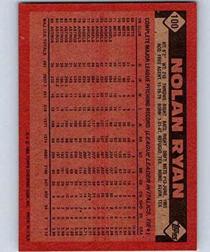 1986 TOPPS 100 NOLAN RYAN MLB כרטיס מסחר בייסבול