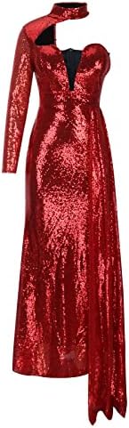 שמלת ערב לנשים המפלגה אלגנטי בגד ים מקסי שמלות נצנצים אחת כתף מוק צוואר ארוך שרוול כדור שמלה