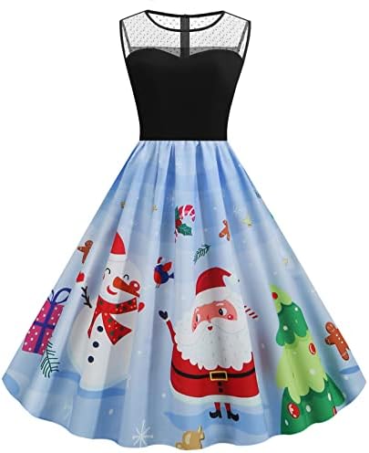 נשים ללא שרוולים בציר שמלות חג המולד מודפס רשת שחבור נדנדה קוקטייל שמלת 1950 רוקבילי לנשף תה שמלה
