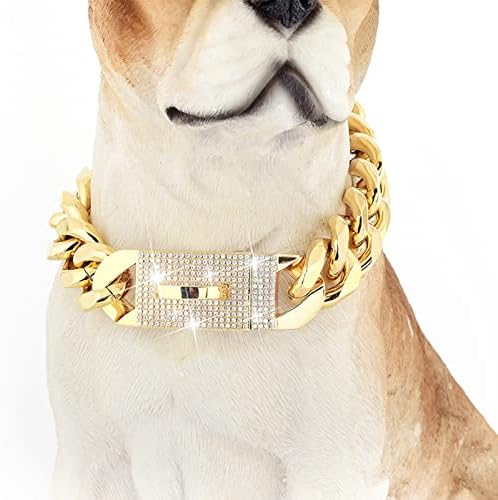 צווארון שרשרת כלבי זהב, שרשרת קישור קובנית קובנית קובנית צווארון כלבים מתכת עם אבזם מאובטח עיצוב, רוחב