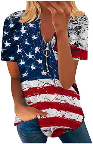 חולצת שרוול קצרה נשים יום עצמאות יום עצמאות גרפית צווארון צווארון רוכסן חולצות חולצות זורמות חולצות