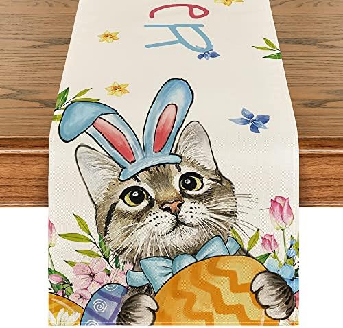 מצב ארטואידי אוזניים חתול ביצים פרחים עניבת פרפר רץ שולחן פסחא, קישוט שולחן אוכל מטבח באביב לחופשה לעיצוב