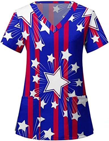 4 ביולי חולצת טי לנשים דגל אמריקאי קיץ חולצה עם צווארון שרוול קצר עם 2 כיסים חולצות בגדי עבודה מזדמנים
