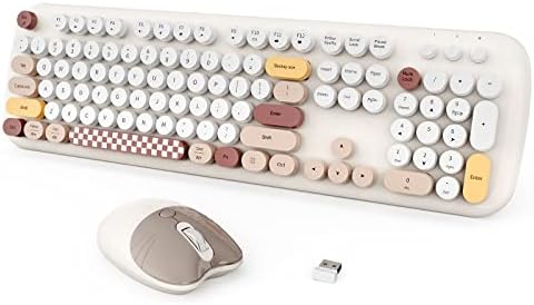 קופון אלחוטי מקלדת עכבר, חמוד צבעוני מלא גודל 104 מפתחות מכונת כתיבה מקלדת עכבר קומבו רטרו מקלדת למחשב