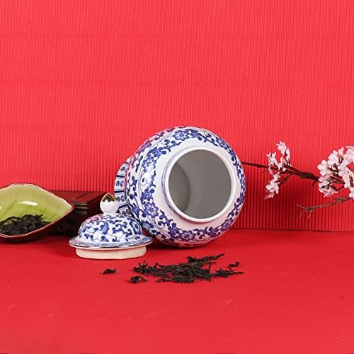 צנצנת ג'ינג'ר סינית עם מכסה סגנון עתיק של צ'ינואיזרי, פרחי חרסינה כחולים ולבנים דקורטיביים ביתי קרמיקה