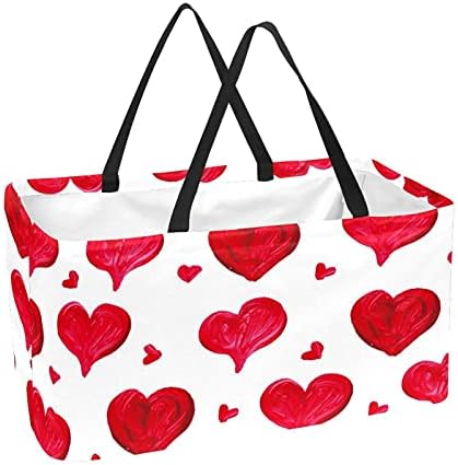 Lorvies שקיות מכולת לשימוש חוזר של יום האהבה אדום אהבה דפוס לב מתקפל רחיצה פחי אחסון גדולים פחי קניות