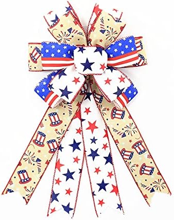 קשתות יוטה פטריוטיות גדולות לזר, 4 ביולי קשתות אמריקה דגל יום הזיכרון יום הזיכרון זר קשת אדום כחול כוכבים