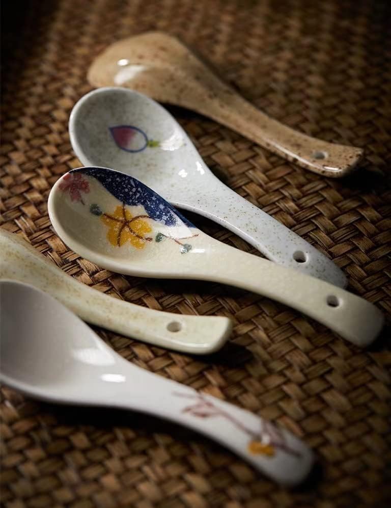 יוריין וובו אסיה מרק כפות עם יד צבוע דפוס, יפני סגנון סכום, יפני קרמיקה מרק כפות סט למשפחה, ראמן כפות,