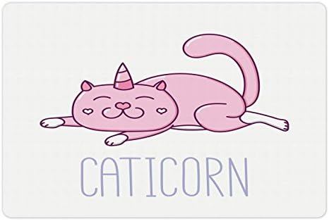 מחצלת לחיות מחמד חתול חד קרן אמבסון למזון ומים, חתול ורוד עם קרן וביטוי מצחיק שוכב קמע קריקטורה קטיקורן,