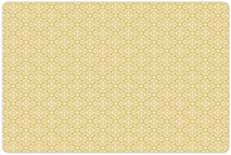 שטיח לחיות מחמד צהוב ולבן למזון ומים, רוקוקו פורח מוטיבים דמשק עם אפקטים מרוקאים הדפסת אמנות, מלבן שטיח