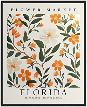 דפוס אמנות של פלורידה פרחים, דפוס אמנות בפלורידה, פוסטר כתום פוסטר פוסטר קיר תפאורה, פוסטר מפה של פלורידה