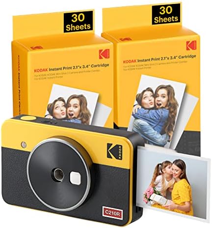 Kodak Mini Shot 2 רטרו 4Pass 2-in-1 מצלמה דיגיטלית מיידית ומדפסת תמונות + 68 גיליונות צרור, צהוב