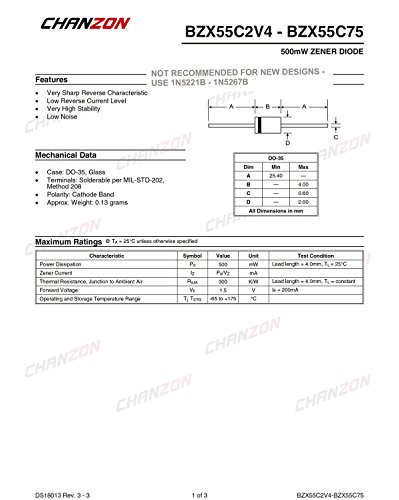 Chanzon BZX55C15 דיודה זנר 0.5W 15V DO-35 דיודות ציריות 0.5 וואט 15 וולט