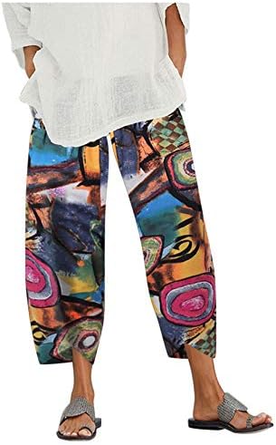 Wybaxz 2023 מכנסי קאפרי פופולריים לנשים הדפסת פרחים מכנסי פאלאצו עם כיסים מכנסי פשתן כותנה רגל רחבה