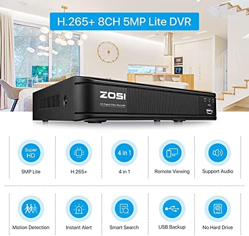 Zosi 1080p מערכת מצלמות אבטחה חיצונית מקורה, H.265+ 5MP Lite 8 ערוץ DVR עם 8 x 1080p מצלמת כדור מעקב