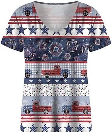 חולצת דגל אמריקאית לנשים מזדמנת של יולי הדפס שרוול קצר V צוואר חולצות טריקו