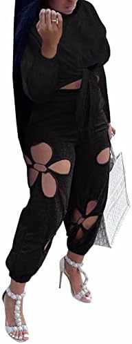 Aladeno נשים 2 תלבושות 2 חלקים נפילות שרוול ארוך מזדמן קשר יבול עליון פרח חלול מכנסי טרנינג אימונית