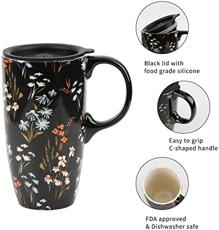 טופדורן ספלי קרמיקה גבוהים 17 עוז. קפה כוסות אטום מכסה ספל עם תיבת צבע, פרחים