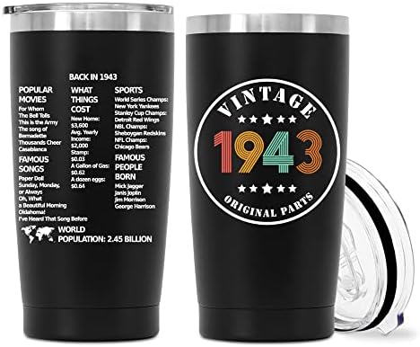 כוס כוס שחורה 20 עוז, מתנות יום הולדת 80 וינטאג ' 1943, מתנה אידיאלית לנשים גברים חברים, כוס נירוסטה
