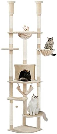 רצפה עד תקרה גובה עץ החתול מתכוונן מגדל חתולים גבוה קיטי מטפס על בית משחק עם עמודי שריטות, דירה נעימה,