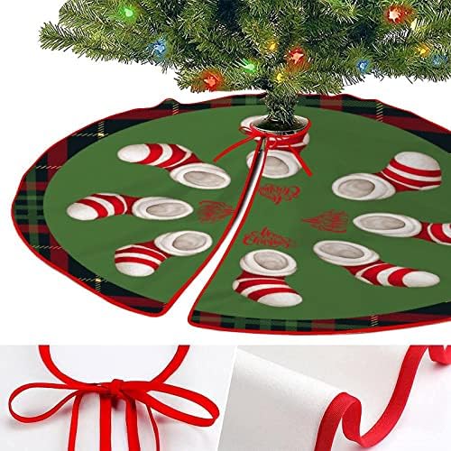 חצאיות עץ חג המולד מחצלת 36 x36 משובץ באפלו משובץ אדום וירוק עץ חג המולד חצאית ג'ינגל פעמון דובי קשת