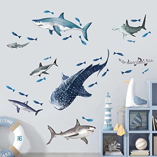 וונדבר כרישים קיר מדבקות תחת ים דגי קליפת מקל קיר אמנות מדבקות לילדים חדר תינוק משתלת אמבטיה
