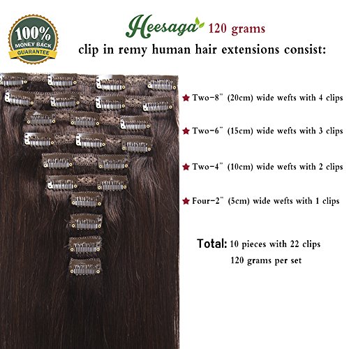 הייסאגה קליפ אמיתי שיער טבעי הרחבות, 14 אינץ 120 גרם / 4.2 אונקיה 10 חתיכות עם 22 קליפים לכל סט