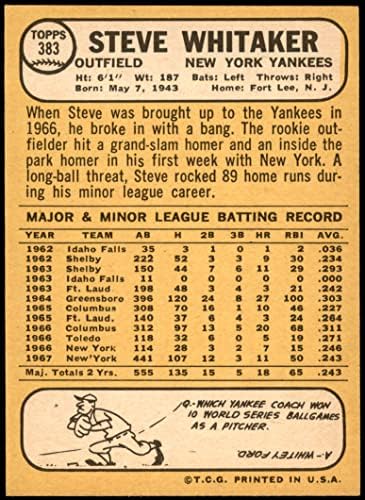 1968 Topps 383 סטיב וויטקר ניו יורק ינקי NM/MT+ Yankees