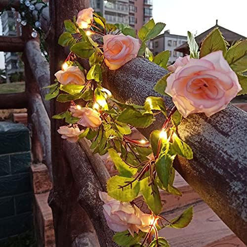 אורות מיתרים פרחי ורד מלאכותיים, 6.6 ft 20 LED Rose Garland Plaby Fairy קיר קליל תלוי ירק לתפאורה חתונה