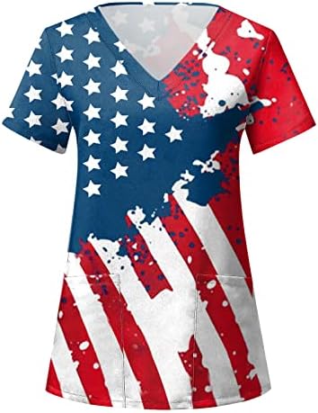 דגל אמריקה של Viyabling 4 ביולי של שרוול נפיחות קפלים נשים קפלים חולצות קז'ון V צוואר חולצות חולצות
