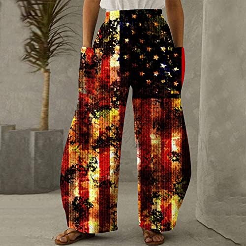 מכנסי טרנינג לנשים רופף מזדמן רחב רגל מכנסיים עצמאות יום הדפסת אלסטי אמצע מותניים אצן קפריס עם כיס