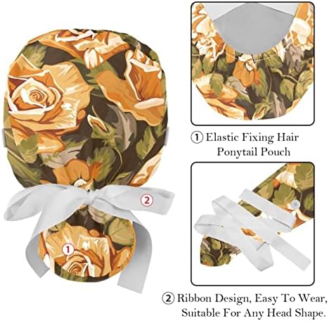 כובעים רפואיים לנשים עם כפתורים שיער ארוך, כובע עבודה מתכוונן 2 חלקים, דפוס ורדים פרחוניים
