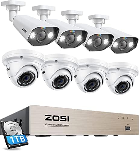 Zosi 8CH 8 יחידות קוויות 5MP מצלמות IP POE חיצוניות מקורות, מערכת מצלמות אבטחה ביתית חיצונית עם כונן