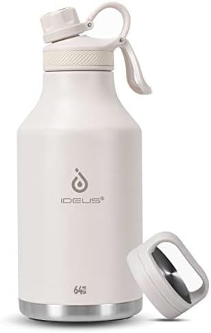 IDEUS מבודד בקבוק מים מפלדת אל חלד עם 2 מכסים חסרי דליפה, בקבוק מים תרמי לטיולי אופניים, 64oz, לבן