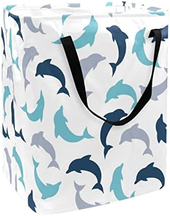 כחול ואפור הדפסת דולפין סל כביסה מתקפל, סלי כביסה עמידים למים 60 ליטר אחסון צעצועי כביסה לחדר שינה בחדר