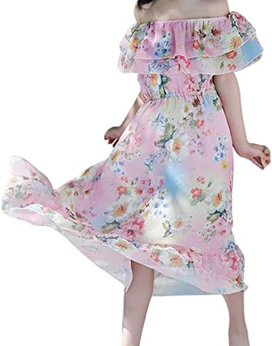 שמלת שיפון של בנות קיץ סגנון זר באורך אמצע חוף חוף לילדים משמלה פרחונית כתף לתלבושות תינוק גדול