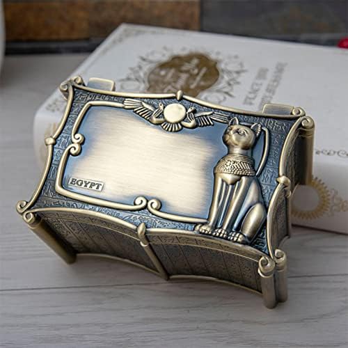 קופסת תכשיטים מתכת וינטג 'עם אנוביס והקלה על טקסטים מצריים עתיקים עיצוב שולחן עבודה שולחני - 4.96 ×