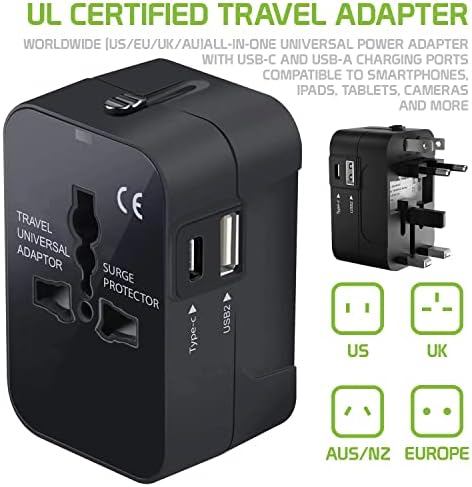 Travel USB פלוס מתאם כוח בינלאומי התואם ל- Acer Liquid E2 עבור כוח עולמי לשלושה מכשירים USB Typec, USB-A