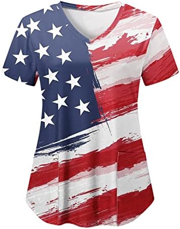4 ביולי חולצה לנשים קיץ שרוול קצר חולצות עם 2 כיסים דגל ארה ' ב בגדי עבודה חולצה מזדמן לחג
