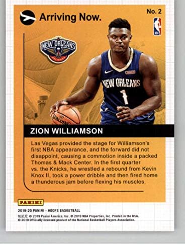 2019-20 Panini Hoops מגיעים עכשיו 2 Zion Williamson New Orleans Pelicans RC טירון NBA כרטיס מסחר בכדורסל