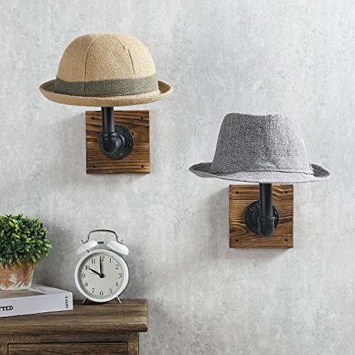 תעשייתי סגנון קיר כובע מתלה, דקורטיבי שחור מתכת צינור שרוף עץ רכוב כובע תליית מתלה עם בציר שסתום עיצוב,