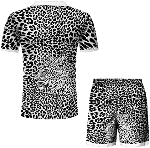 XXBR Mens קיץ 2 ערכות חתיכות נמר הדפס שרוול קצר 1/4 חולצות פולו פולו מכנסיים קצרים