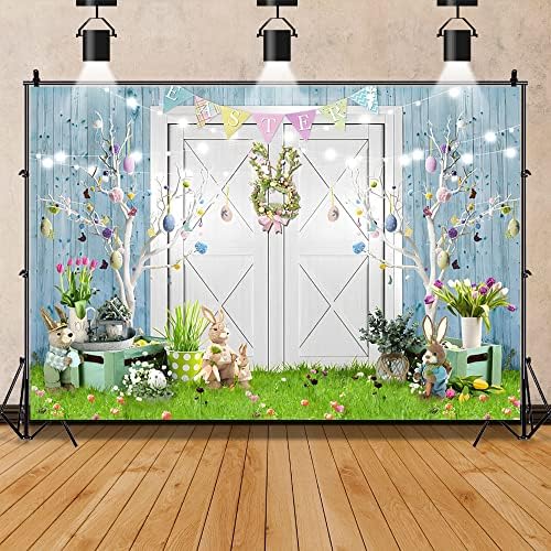 תפאורת פסחא 7x5ft דלת עץ לבנה דלת פסחא קישוטי צילום רקע רקע אביב פסחא דשא ירוק ארנב ארנב קלטת בוקה לבן