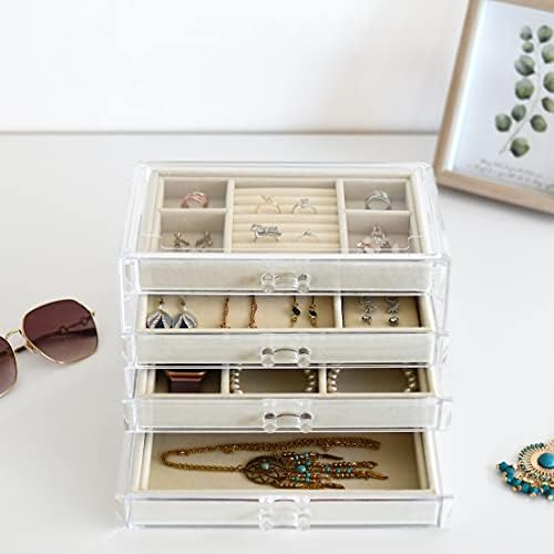 קופסת תכשיטים אקרילית של הרפב עם 4 מגירות, מארגן תכשיטי קטיפה לשרשראות טבעות עגילים צמידי צמידי תכשיטים