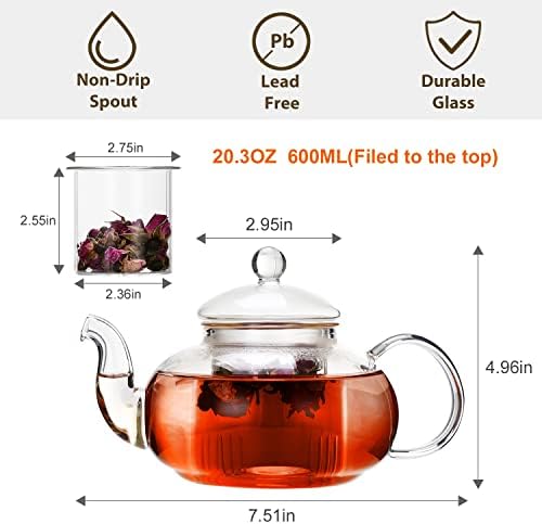 Cnglass זכוכית קומקום כימנתיים בטוחים, קומקום ברור עם Infuser נשלף 20.3 גרם, עלים רופפים ויצרנית תה